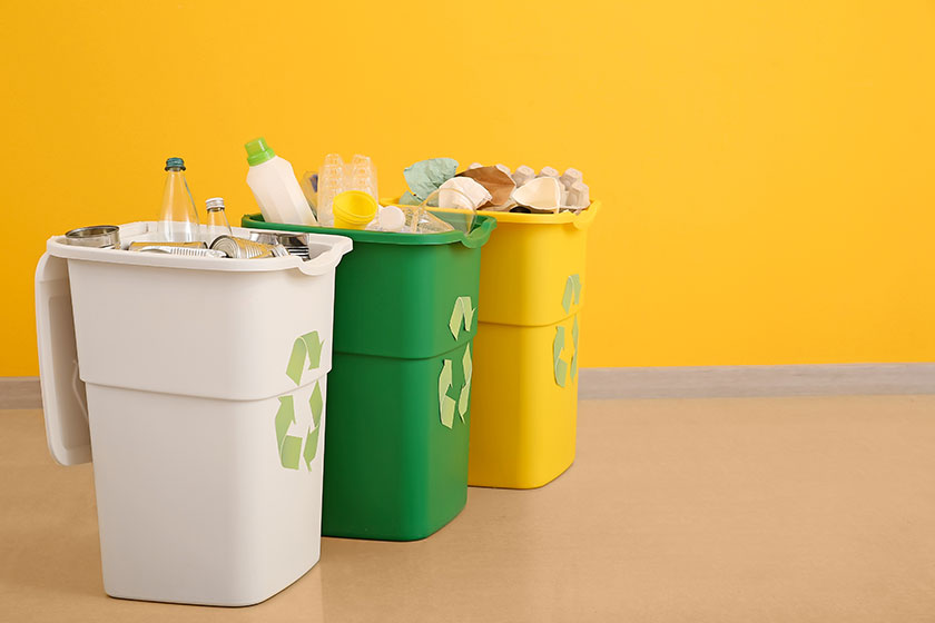 Containers with different types of garbage near color wall. Recycling concept
